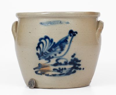 Exceptional WHITE S UTICA One-Gallon Stoneware Jar w/ Cobalt Rooster Decoration