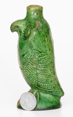 Extremely Rare Green-Glazed Moravian Redware Owl Bottle, Salem, NC, 1804-1820