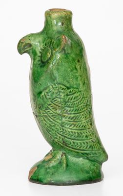 Extremely Rare Green-Glazed Moravian Redware Owl Bottle, Salem, NC, 1804-1820