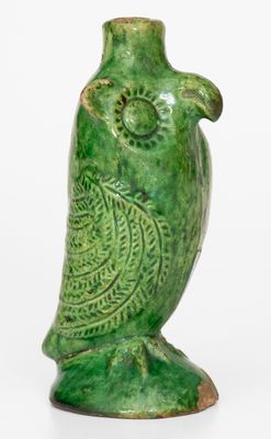 Extremely Rare Green-Glazed Moravian Redware Owl Bottle, Salem, NC, 1804-1820