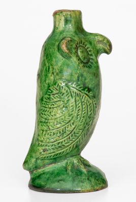 Extremely Rare Green-Glazed Moravian Redware Owl Bottle, Salem, NC, 1804-1820