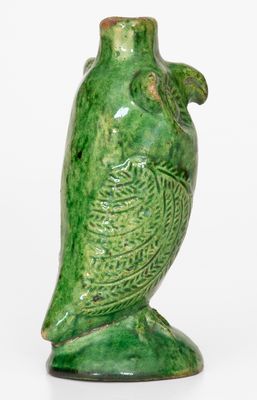 Extremely Rare Green-Glazed Moravian Redware Owl Bottle, Salem, NC, 1804-1820