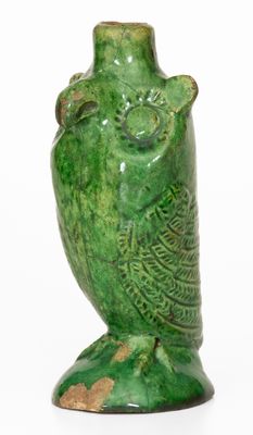 Extremely Rare Green-Glazed Moravian Redware Owl Bottle, Salem, NC, 1804-1820