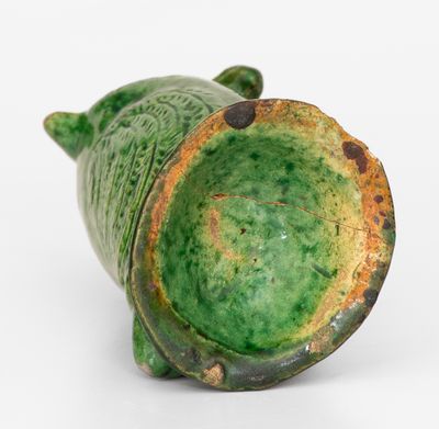 Extremely Rare Green-Glazed Moravian Redware Owl Bottle, Salem, NC, 1804-1820