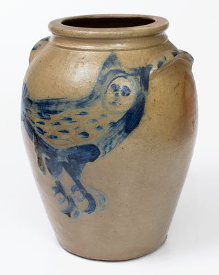 Outstanding Ohio Stoneware Jar w/ Elaborate Brushed Owl Decoration, circa 1860