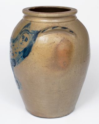 Outstanding Ohio Stoneware Jar w/ Elaborate Brushed Owl Decoration, circa 1860