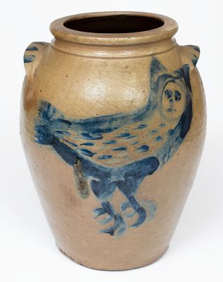 Outstanding Ohio Stoneware Jar w/ Elaborate Brushed Owl Decoration, circa 1860