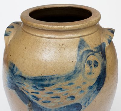 Outstanding Ohio Stoneware Jar w/ Elaborate Brushed Owl Decoration, circa 1860