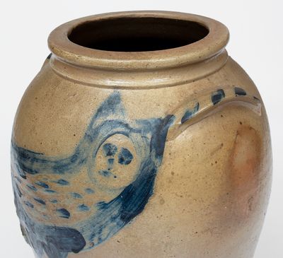 Outstanding Ohio Stoneware Jar w/ Elaborate Brushed Owl Decoration, circa 1860