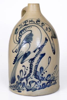 Outstanding 4 Gal. Fort Edward, NY Stoneware Jug w/ Bird-on-Stump Decoration