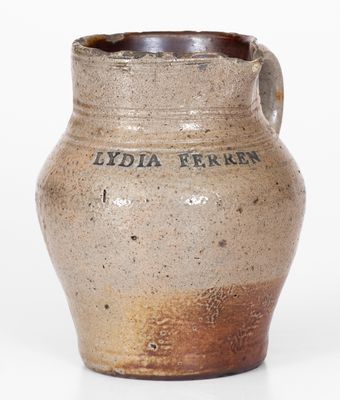 Important LYDIA FERREN, Charlestown, Mass., Stoneware Cream Pitcher, early 19th century