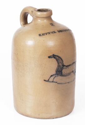 Extremely Rare New York City Stoneware Jug w/ Horse Decoration and Druggist Advertising