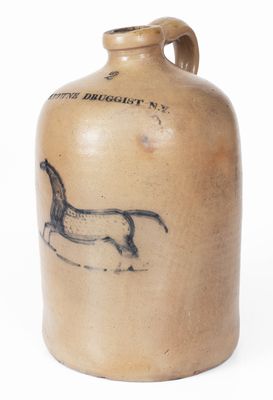 Extremely Rare New York City Stoneware Jug w/ Horse Decoration and Druggist Advertising