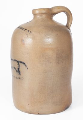 Extremely Rare New York City Stoneware Jug w/ Horse Decoration and Druggist Advertising