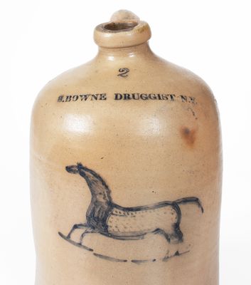 Extremely Rare New York City Stoneware Jug w/ Horse Decoration and Druggist Advertising