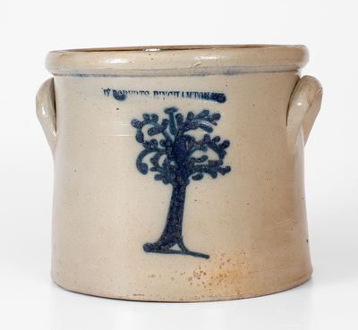 Rare W. ROBERTS BINGHAMTON, NY Stoneware Crock w/ Slip-Trailed Tree Decoration