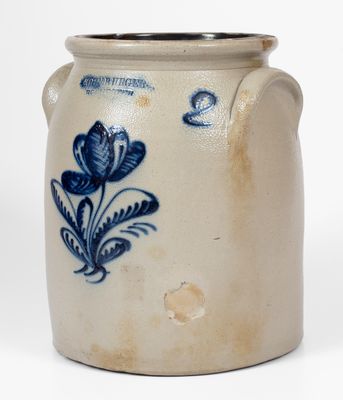 2 Gal. JOHN BURGER / ROCHESTER Stoneware Jar w/ Bold Slip-Trailed Floral Decoration