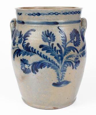 Fine 4 Gal. Baltimore Stoneware Jar w/ Elaborate Floral and Chainlink Decoration, circa 1840