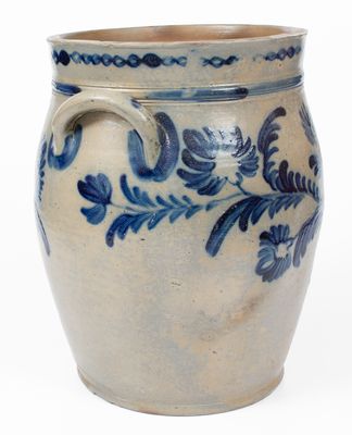 Fine 4 Gal. Baltimore Stoneware Jar w/ Elaborate Floral and Chainlink Decoration, circa 1840