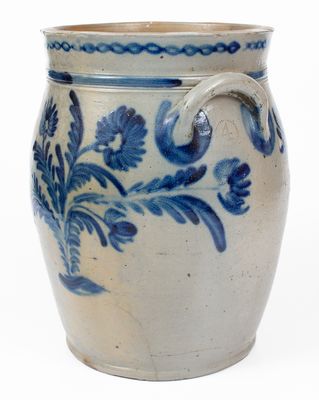 Fine 4 Gal. Baltimore Stoneware Jar w/ Elaborate Floral and Chainlink Decoration, circa 1840