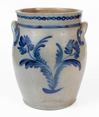 Fine 4 Gal. Baltimore Stoneware Jar w/ Elaborate Floral and Chainlink Decoration, circa 1840