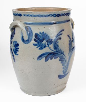 Fine 4 Gal. Baltimore Stoneware Jar w/ Elaborate Floral and Chainlink Decoration, circa 1840