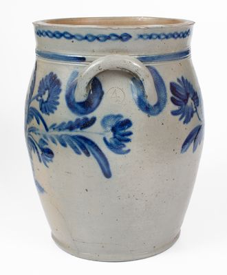 Fine 4 Gal. Baltimore Stoneware Jar w/ Elaborate Floral and Chainlink Decoration, circa 1840