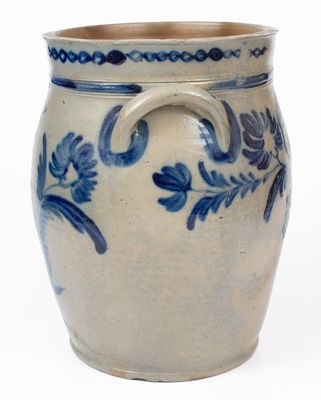 Fine 4 Gal. Baltimore Stoneware Jar w/ Elaborate Floral and Chainlink Decoration, circa 1840