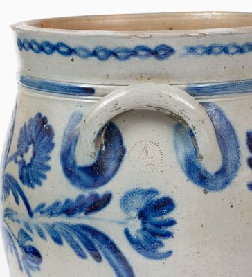 Fine 4 Gal. Baltimore Stoneware Jar w/ Elaborate Floral and Chainlink Decoration, circa 1840