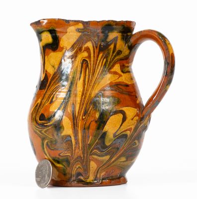 Exceptional New England Redware Cream Pitcher w/ Three-Color Marbled Slip Decoration, probably Norwalk