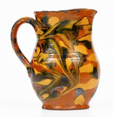 Exceptional New England Redware Cream Pitcher w/ Three-Color Marbled Slip Decoration, probably Norwalk