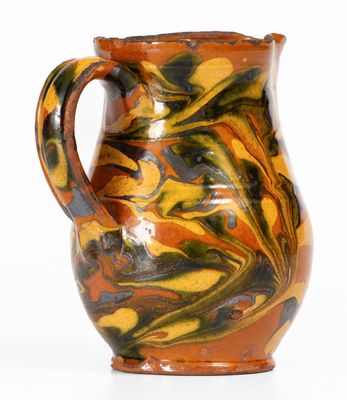 Exceptional New England Redware Cream Pitcher w/ Three-Color Marbled Slip Decoration, probably Norwalk