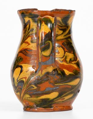 Exceptional New England Redware Cream Pitcher w/ Three-Color Marbled Slip Decoration, probably Norwalk