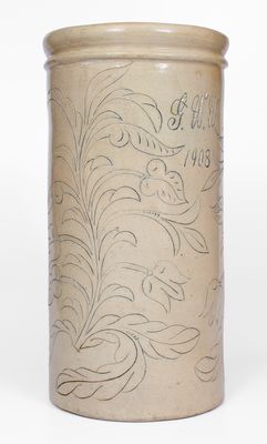 Very Rare Remmey, Philadelphia, Stoneware Umbrella Stand w/ Elaborate Incised Decoration, 1908