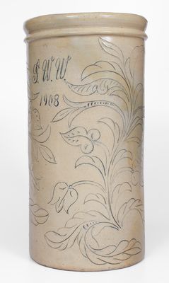 Very Rare Remmey, Philadelphia, Stoneware Umbrella Stand w/ Elaborate Incised Decoration, 1908