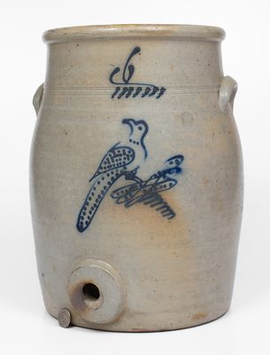 6 Gal. Stoneware Water Cooler with Slip-Trailed Bird Decoration attrib. Akron, OH