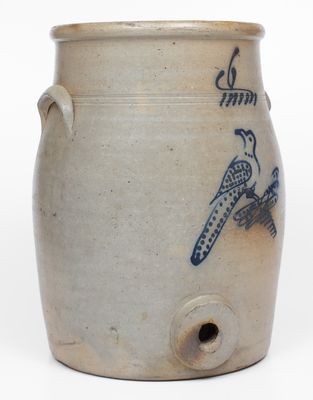 6 Gal. Stoneware Water Cooler with Slip-Trailed Bird Decoration attrib. Akron, OH