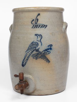 6 Gal. Stoneware Water Cooler with Slip-Trailed Bird Decoration attrib. Akron, OH