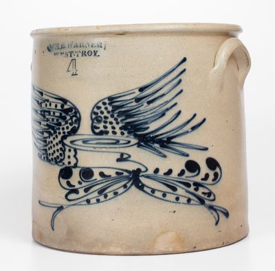 Very Fine WM. E. WARNER / WEST TROY Stoneware Crock w/ Elaborate Flying Eagle Decoration