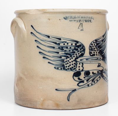 Very Fine WM. E. WARNER / WEST TROY Stoneware Crock w/ Elaborate Flying Eagle Decoration