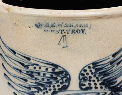 Very Fine WM. E. WARNER / WEST TROY Stoneware Crock w/ Elaborate Flying Eagle Decoration