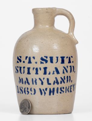 Rare Bristol Glazed Jug Stenciled S. T. SUIT / SUITLAND / MARYLAND / 1869 WHISKEY