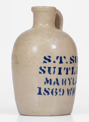 Rare Bristol Glazed Jug Stenciled S. T. SUIT / SUITLAND / MARYLAND / 1869 WHISKEY