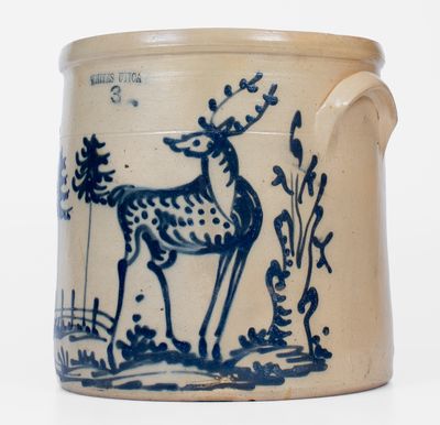 Very Rare 3 Gal. WHITES UTICA Stoneware Crock w/ Elaborate Standing Deer Decoration