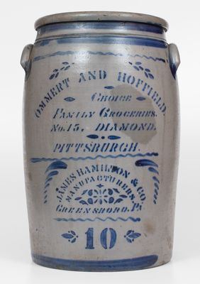 Very Fine 10 Gal. PITTSBURGH Stoneware Advertising Jar by JAMES HAMILTON & CO.