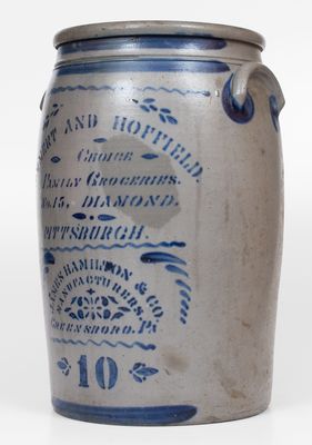 Very Fine 10 Gal. PITTSBURGH Stoneware Advertising Jar by JAMES HAMILTON & CO.