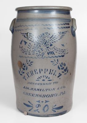 Fine 20 Gal. EAGLE POTTERY Stoneware Jar, T.F. REPPERT / SUCCESSOR TO / JAS. HAMILTON