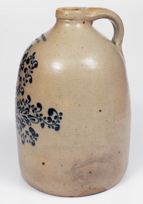 Fine WM. E. WARNER / WEST TROY Stoneware Jug w/ Elaborate Slip-Trailed Foliate Decoration