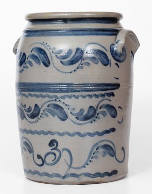 Fine 3 Gal. Greensboro, PA Stoneware Jar w/ Elaborate Freehand Vine Decoration