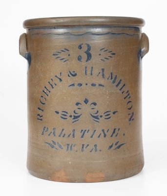 Rare RICHEY & HAMILTON / PALATINE, W.VA Crock w/ Eagle Stenciling on Reverse